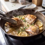 Garlicky greek chicken searing in a skillet with visible browning