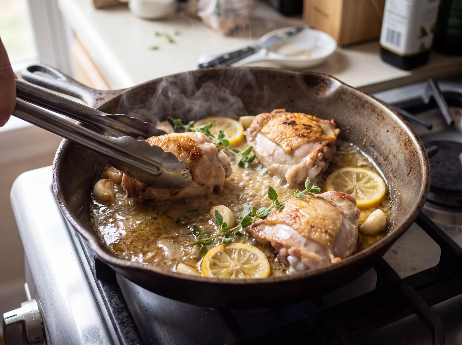 Garlicky greek chicken searing in a skillet with visible browning