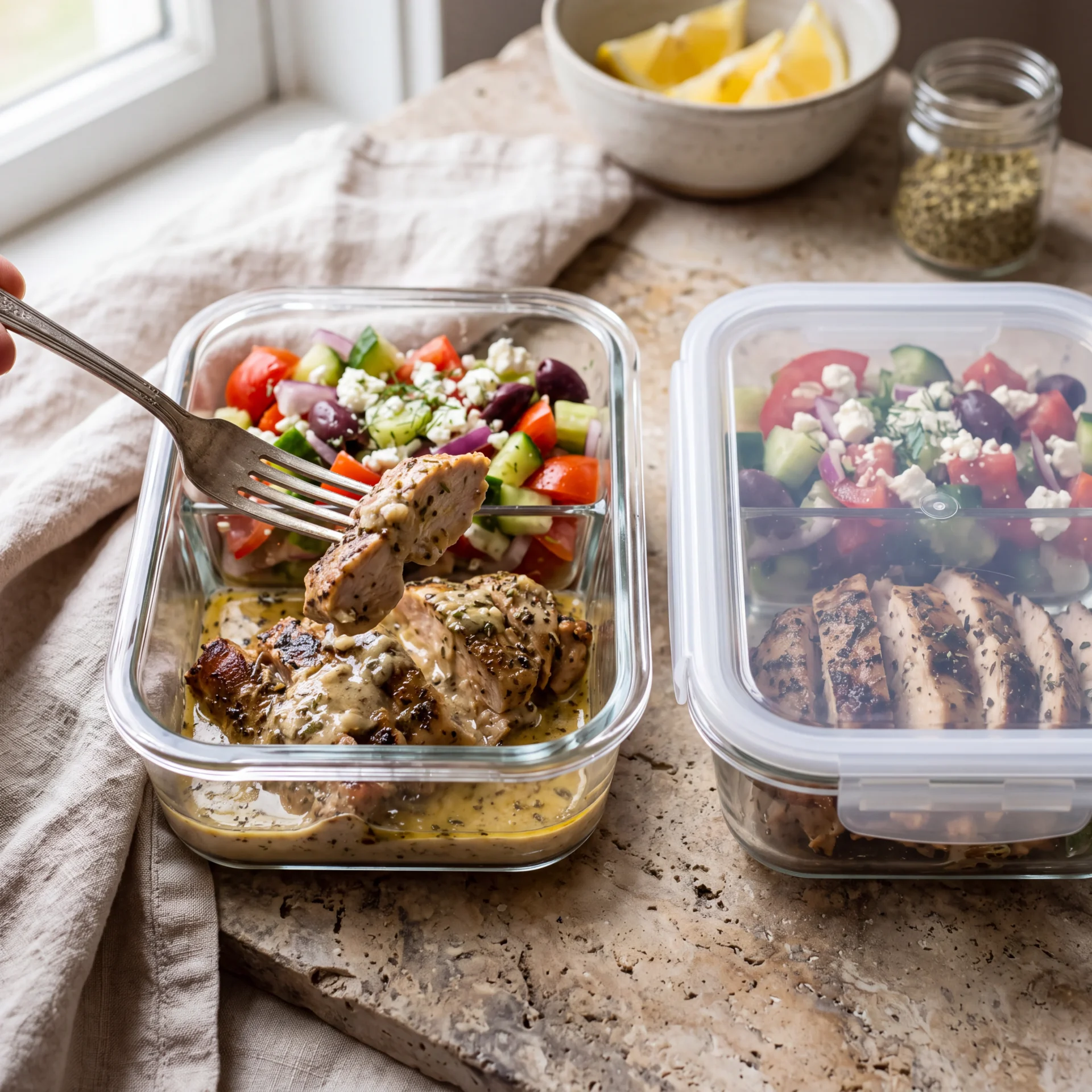 Garlicky greek chicken portioned for storage with sauce kept separate