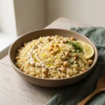 Greek lemon rice with chickpeas in a shallow ceramic bowl with a tahini drizzle, dill and a lemon wedge