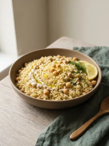 Greek lemon rice with chickpeas in a shallow ceramic bowl with a tahini drizzle, dill and a lemon wedge