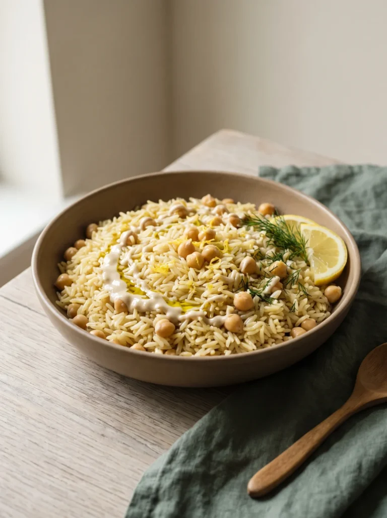 Greek lemon rice with chickpeas in a shallow ceramic bowl with a tahini drizzle, dill and a lemon wedge