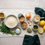 Dry white rice, canned chickpeas, onion, garlic, tahini, lemons, olive oil, oregano and dill on linen