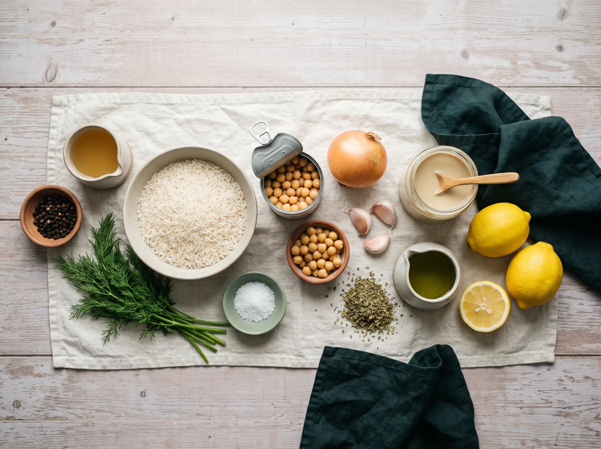Dry white rice, canned chickpeas, onion, garlic, tahini, lemons, olive oil, oregano and dill on linen