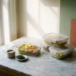 Lemon rice and chickpeas portioned into four glass meal prep containers on a marble counter