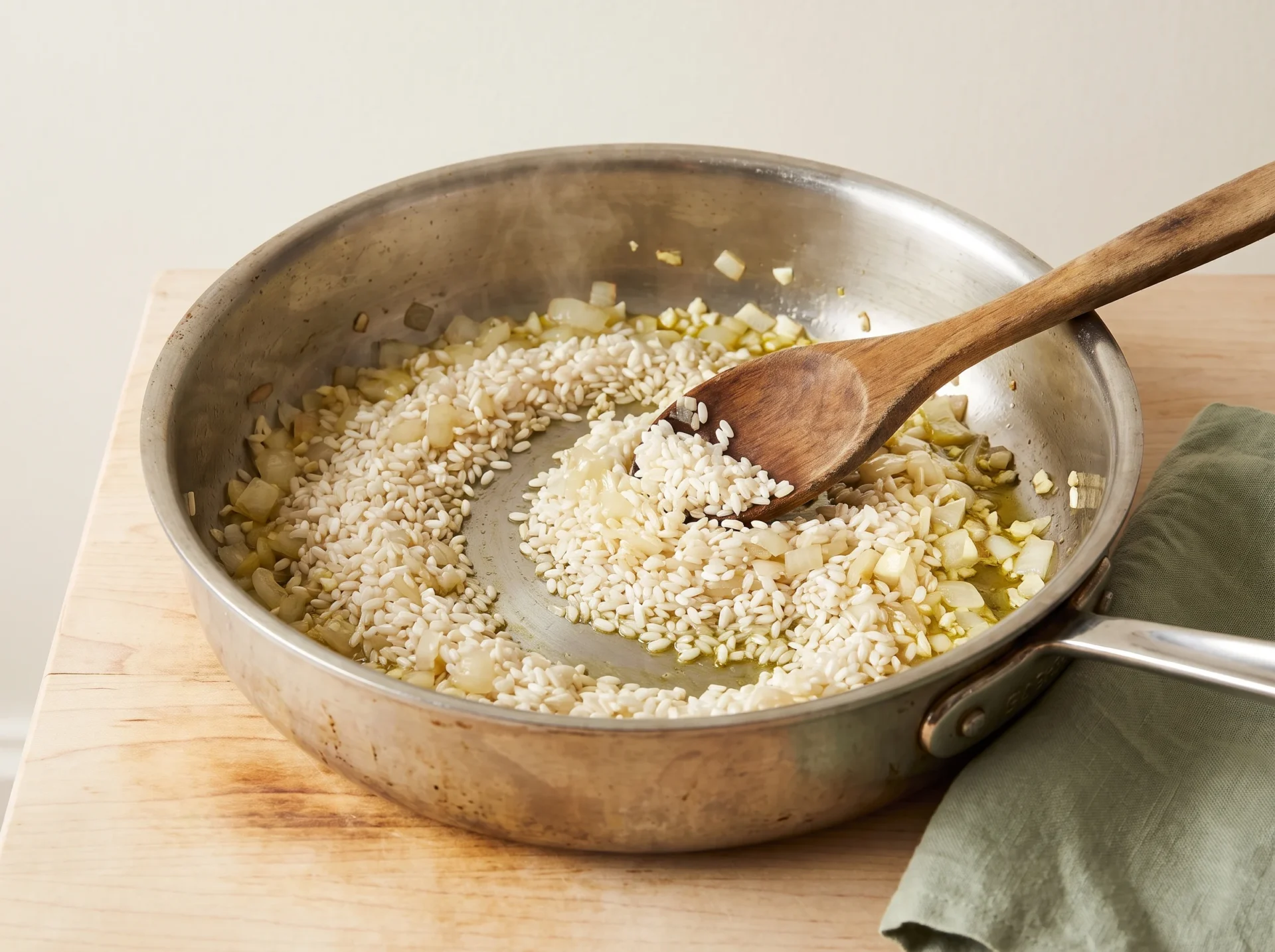 Rice grains toasting with softened onion and garlic in olive oil in a wide stainless saute pan