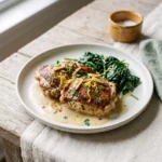 Keto garlic chicken thighs plated with creamy Parmesan sauce, wilted spinach and lemon zest