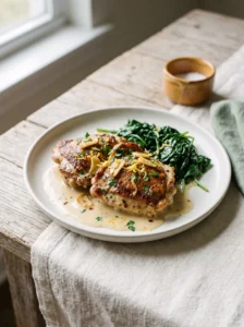 Keto garlic chicken thighs plated with creamy Parmesan sauce, wilted spinach and lemon zest