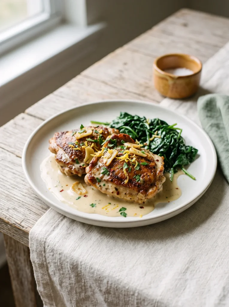 Keto garlic chicken thighs plated with creamy Parmesan sauce, wilted spinach and lemon zest