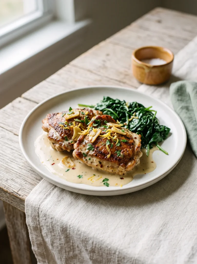 Keto garlic chicken thighs plated with creamy Parmesan sauce, wilted spinach and lemon zest