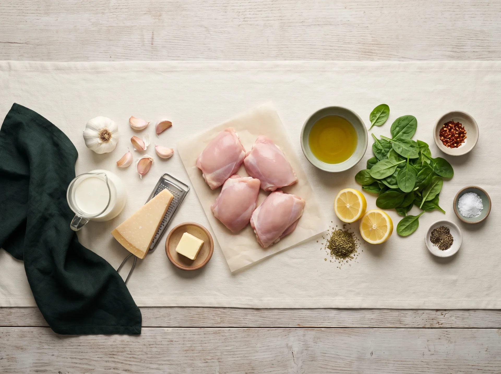 Raw chicken thighs, garlic, cream, Parmesan, butter, spinach and lemon laid out on a linen runner