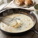 Grated Parmesan being whisked into a pale cream sauce in a cast iron skillet off the heat
