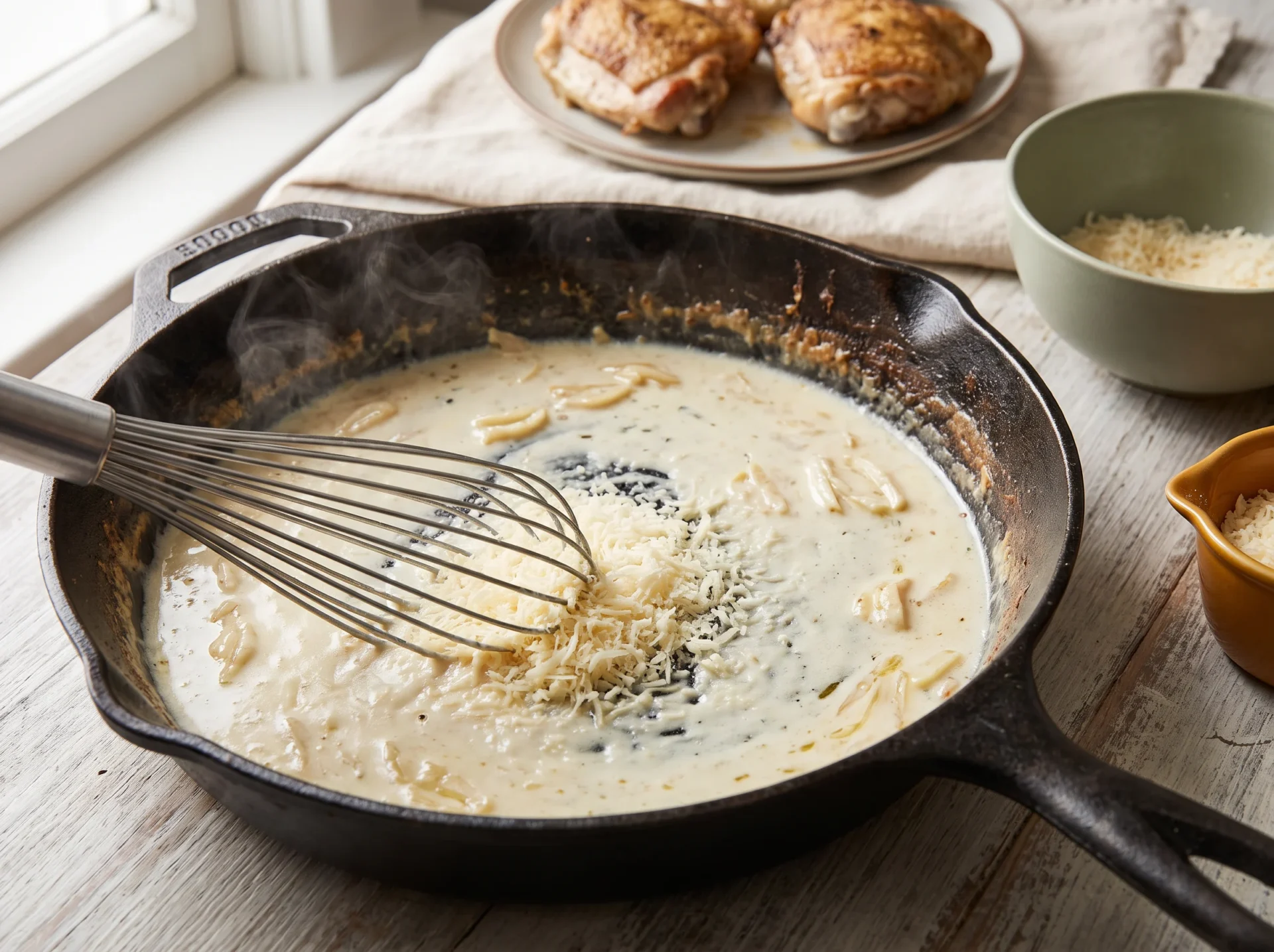 Grated Parmesan being whisked into a pale cream sauce in a cast iron skillet off the heat