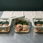 Three glass meal prep containers of chicken thighs in set cream sauce with spinach