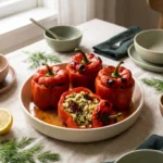Vegan white bean stuffed peppers on a cream platter, one opened to show herb rice and cannellini beans