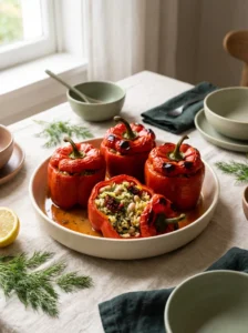 Vegan white bean stuffed peppers on a cream platter, one opened to show herb rice and cannellini beans