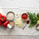 Raw ingredients for vegan stuffed peppers: bell peppers, rice, cannellini beans, herbs, tomato and lemon