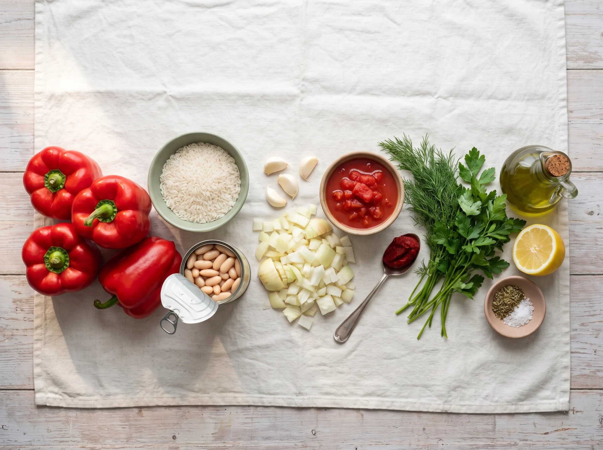 Raw ingredients for vegan stuffed peppers: bell peppers, rice, cannellini beans, herbs, tomato and lemon