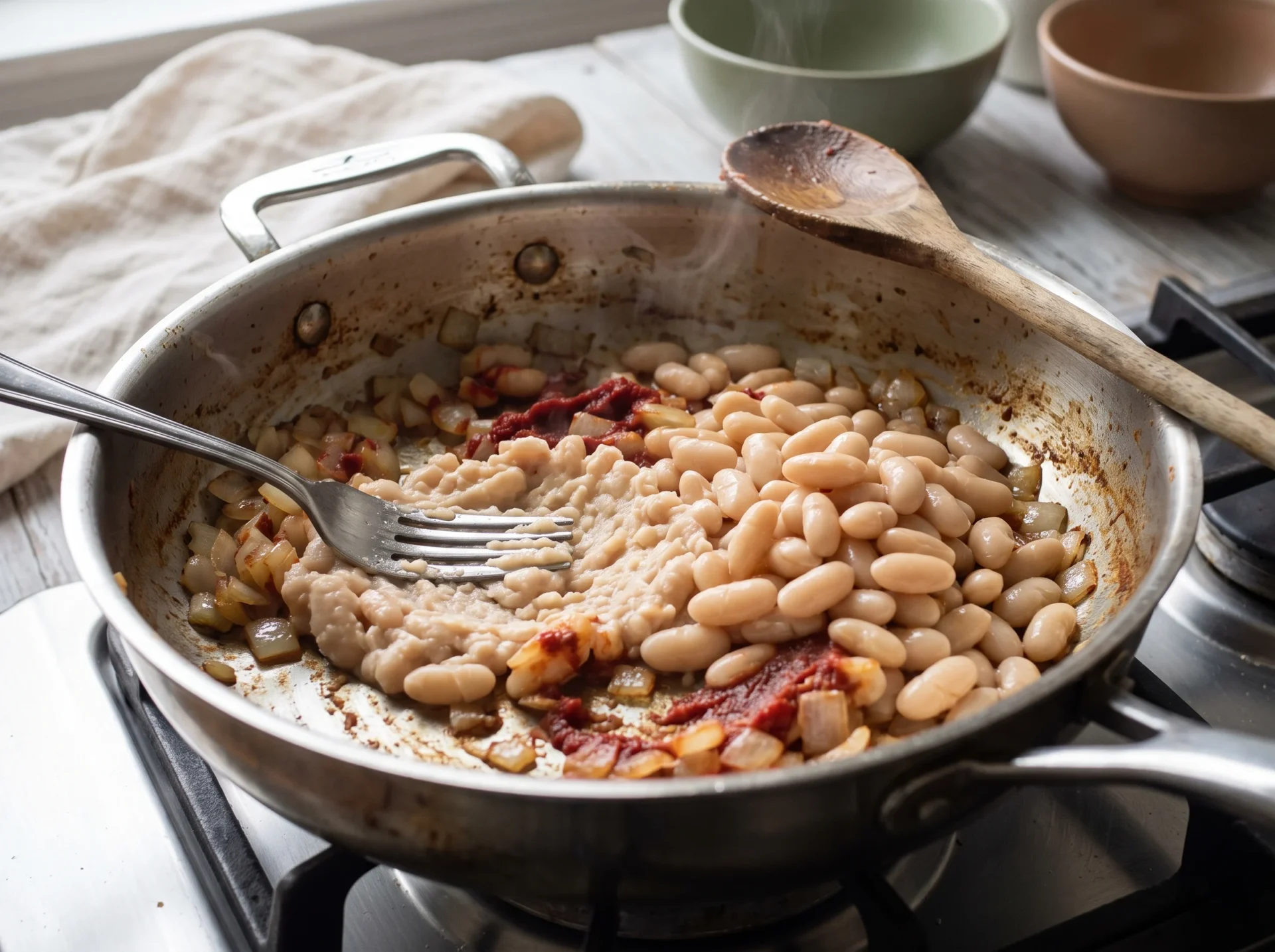 A fork crushing a third of the cannellini beans in a pan with softened onion and darkened tomato paste
