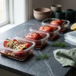 Stuffed peppers portioned into glass meal-prep containers with a spoonful of tomato pan juices