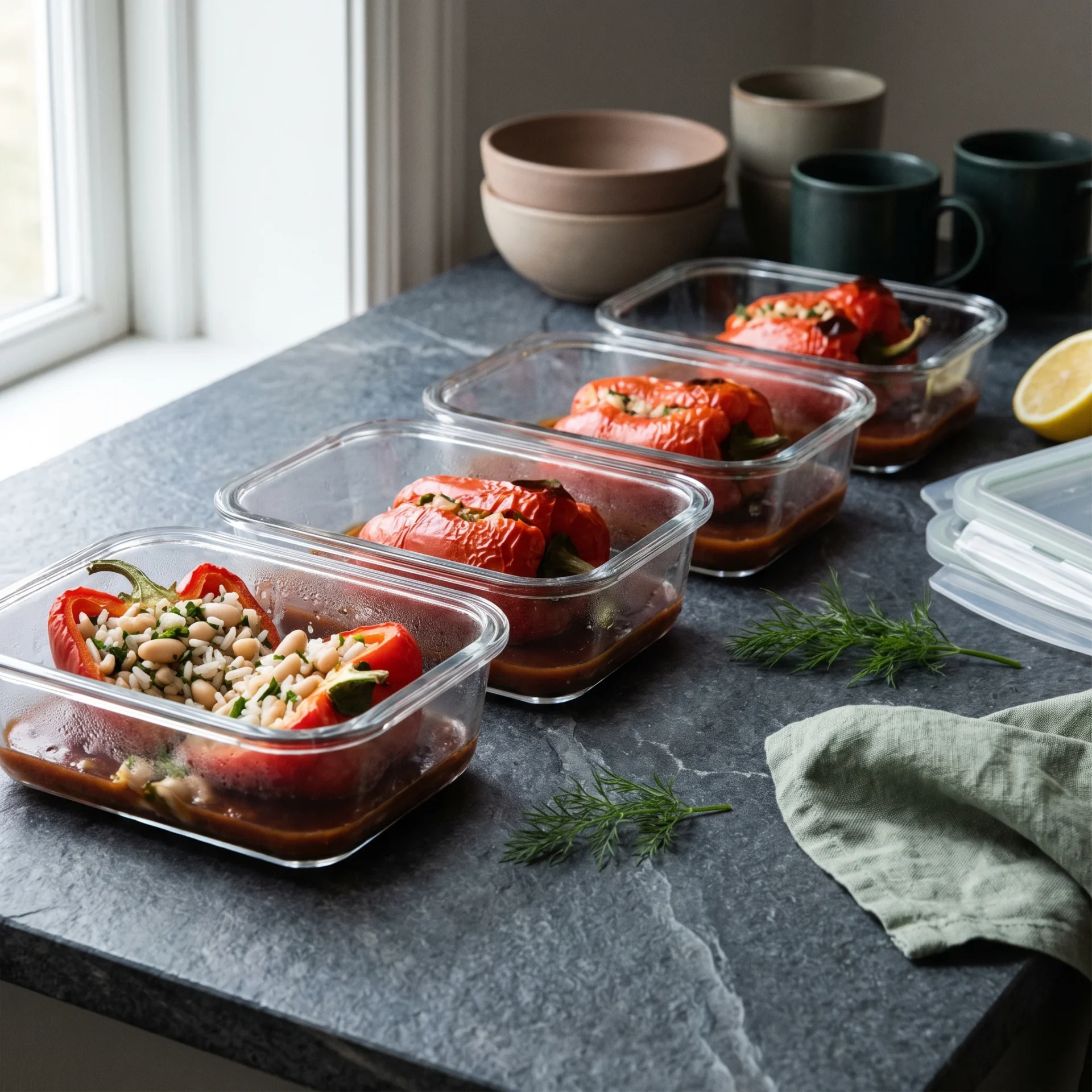 Stuffed peppers portioned into glass meal-prep containers with a spoonful of tomato pan juices