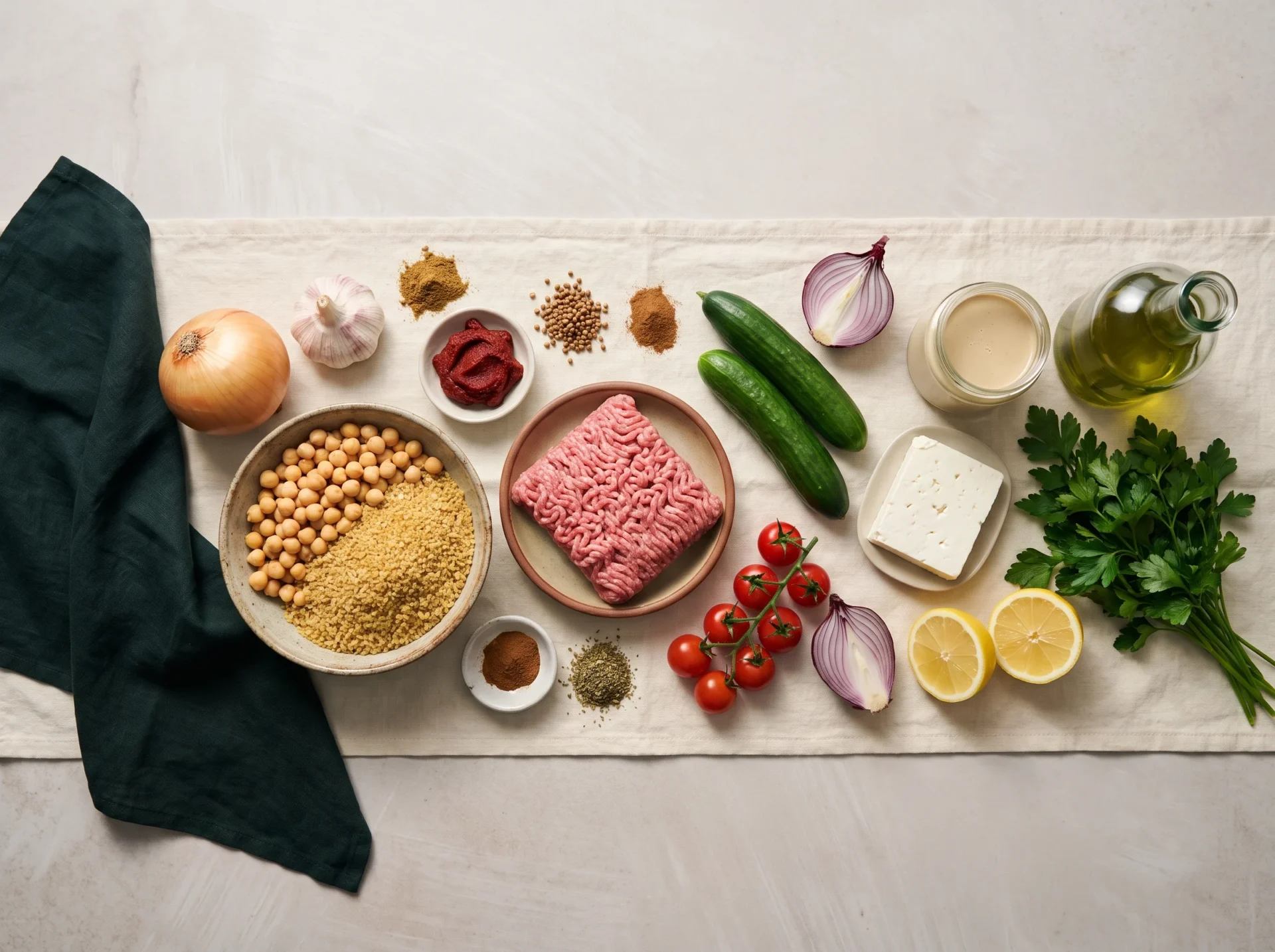 Raw ingredients for Mediterranean beef bowls: ground beef, dry bulgur, chickpeas, cucumbers, tomatoes, tahini, feta and lemon