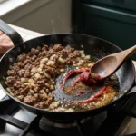 Tomato paste and warm spices darkening with browned ground beef and onion in a black skillet
