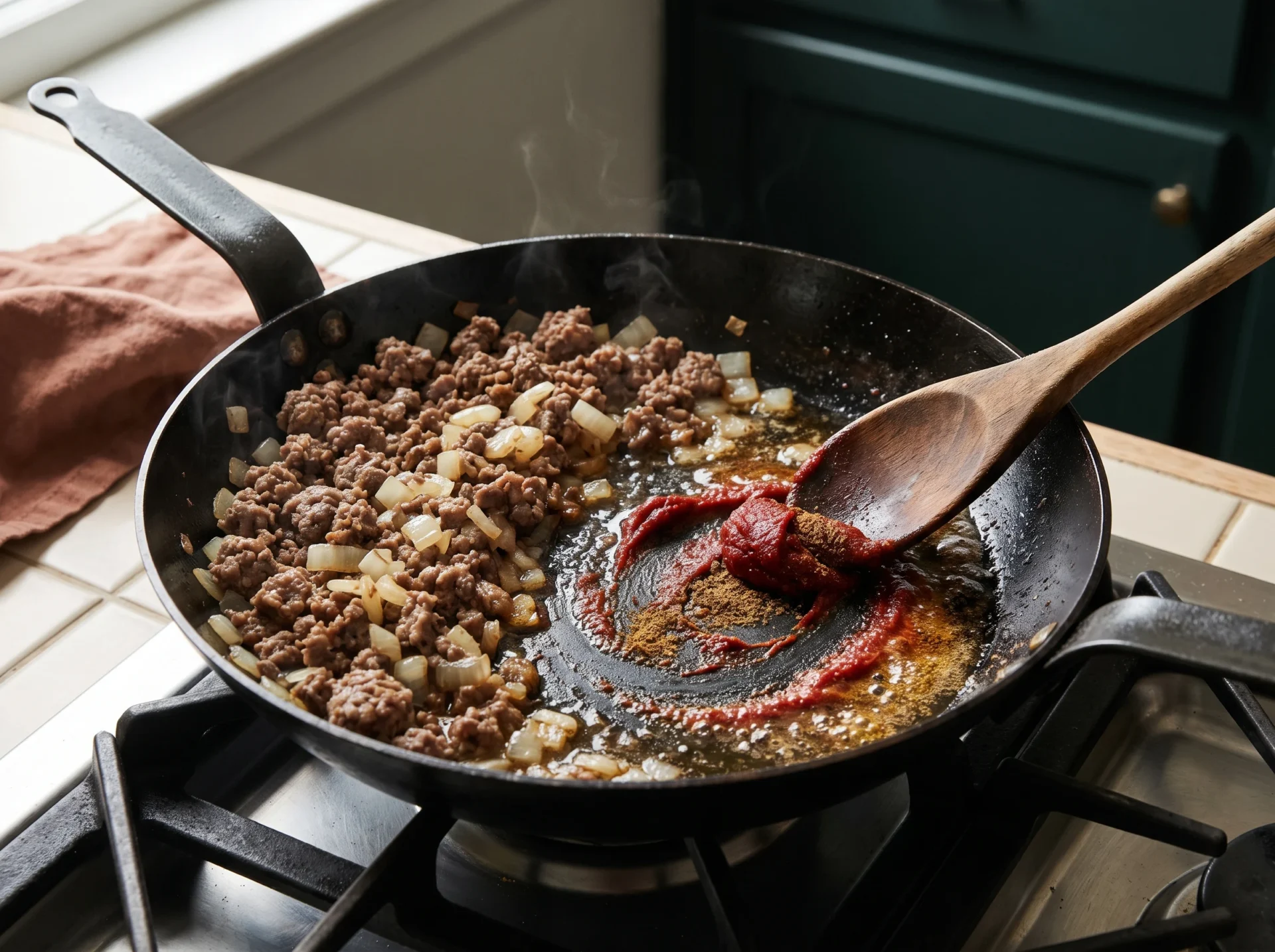 Tomato paste and warm spices darkening with browned ground beef and onion in a black skillet
