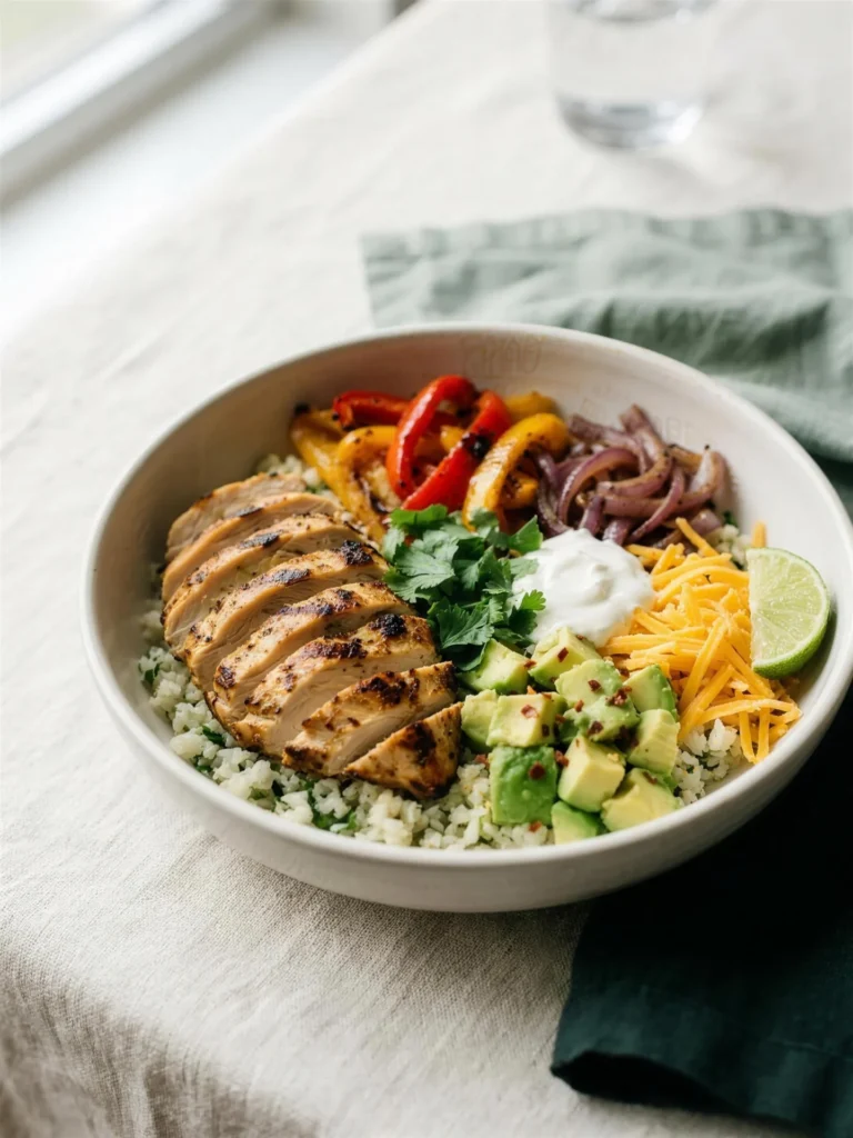 Keto chicken fajita bowl with chicken, peppers, cauliflower rice, avocado, cheese, and sour cream