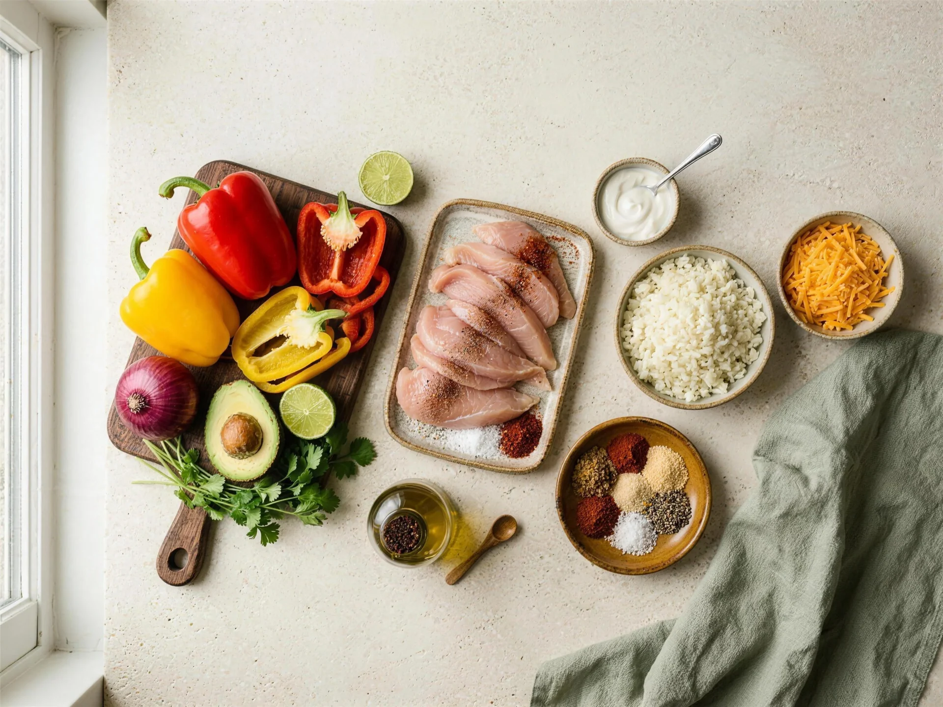 raw ingredients for keto chicken fajita bowl arranged before cooking