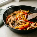 seasoned chicken and peppers sizzling for keto chicken fajita bowl in a skillet