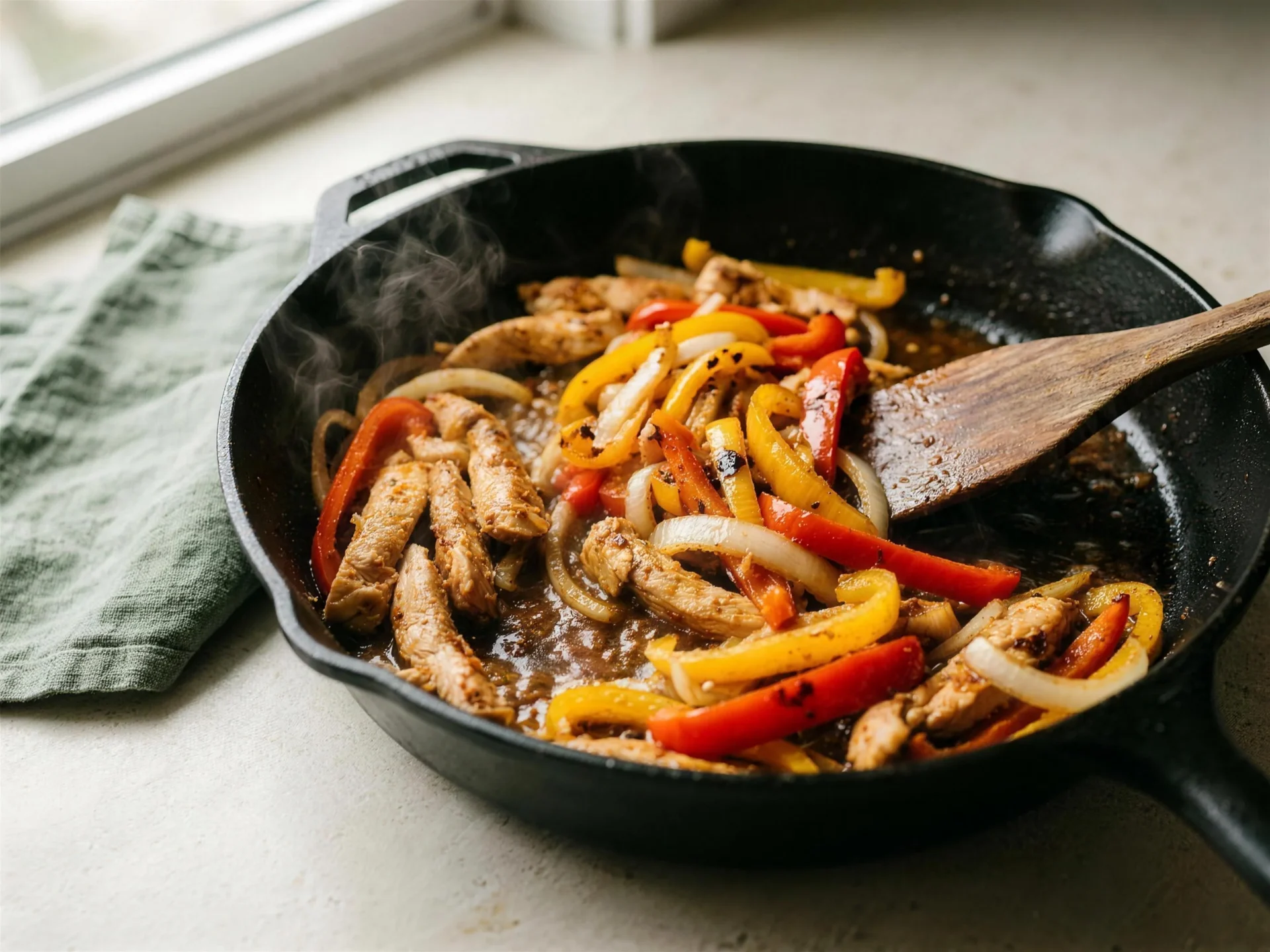 seasoned chicken and peppers sizzling for keto chicken fajita bowl in a skillet