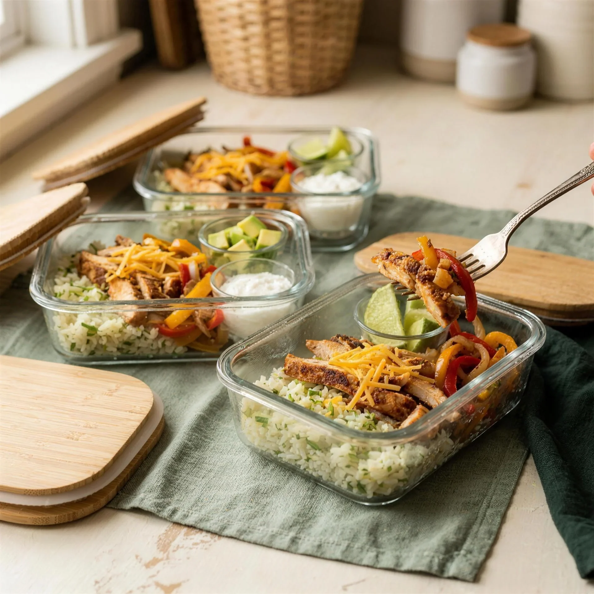 keto chicken fajita bowl meal prep containers with toppings packed separately