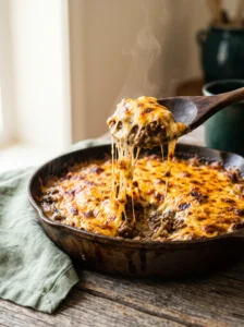 One-pan keto ground beef casserole with cream cheese, cheddar, and mozzarella