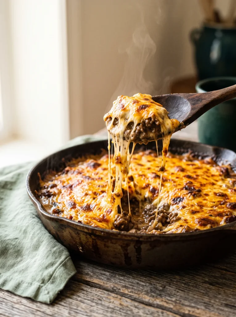 One-pan keto ground beef casserole with cream cheese, cheddar, and mozzarella