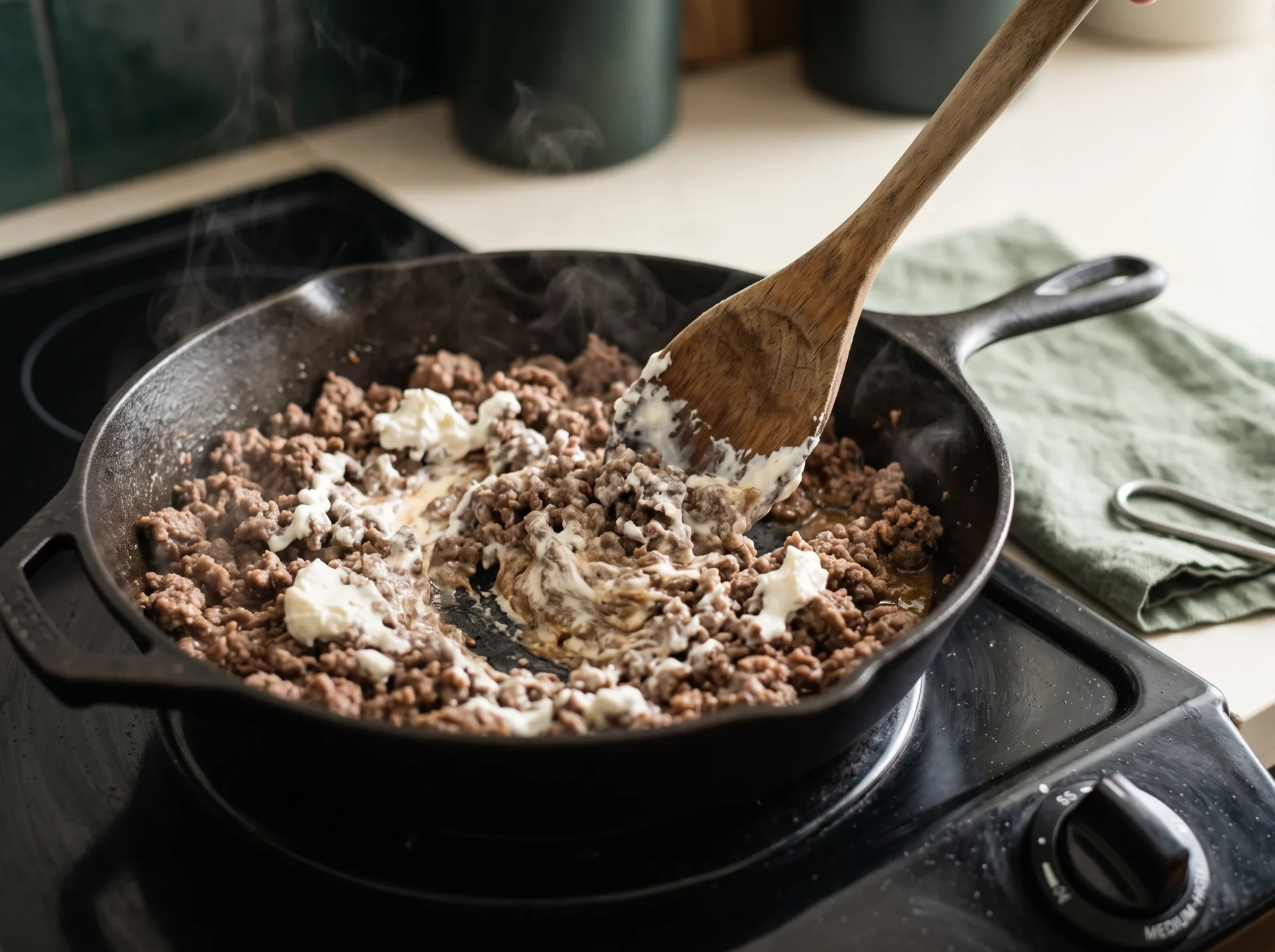 Stirring melted cream cheese into browned ground beef for keto ground beef casserole in a skillet