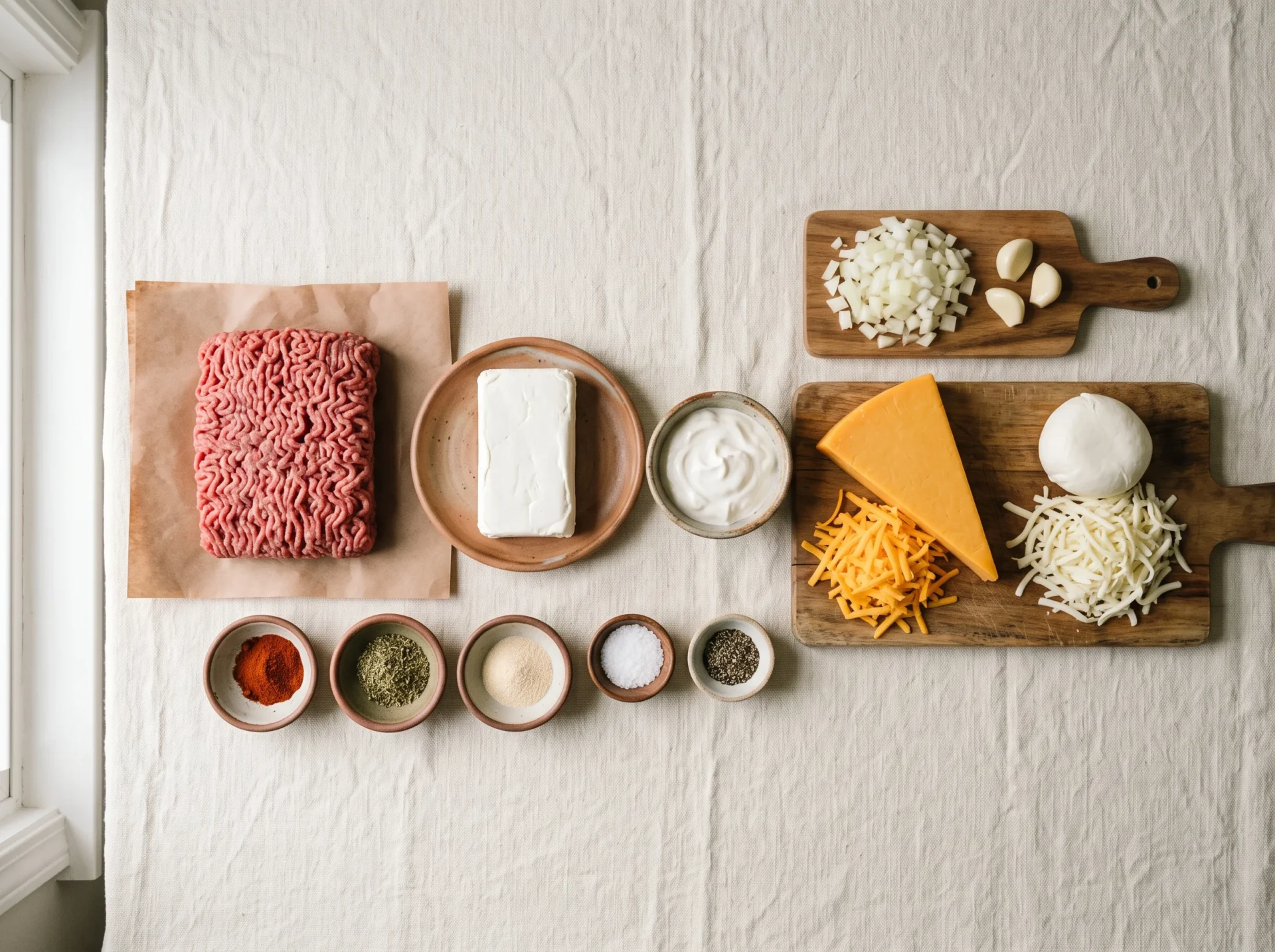 Raw ingredients for keto ground beef casserole: beef, cheddar, mozzarella, cream cheese, onion, garlic