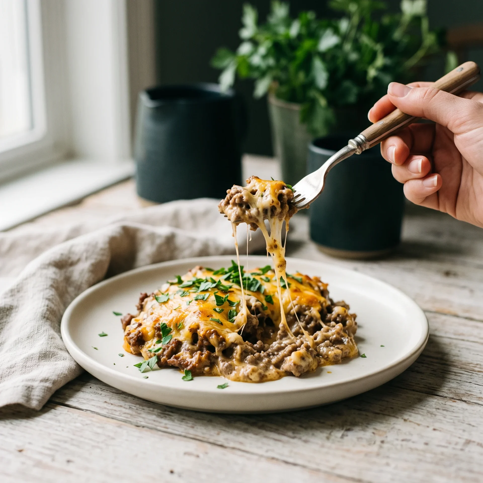A serving of ultimate cheesy keto ground beef casserole plated with a fork and visible cheese pull