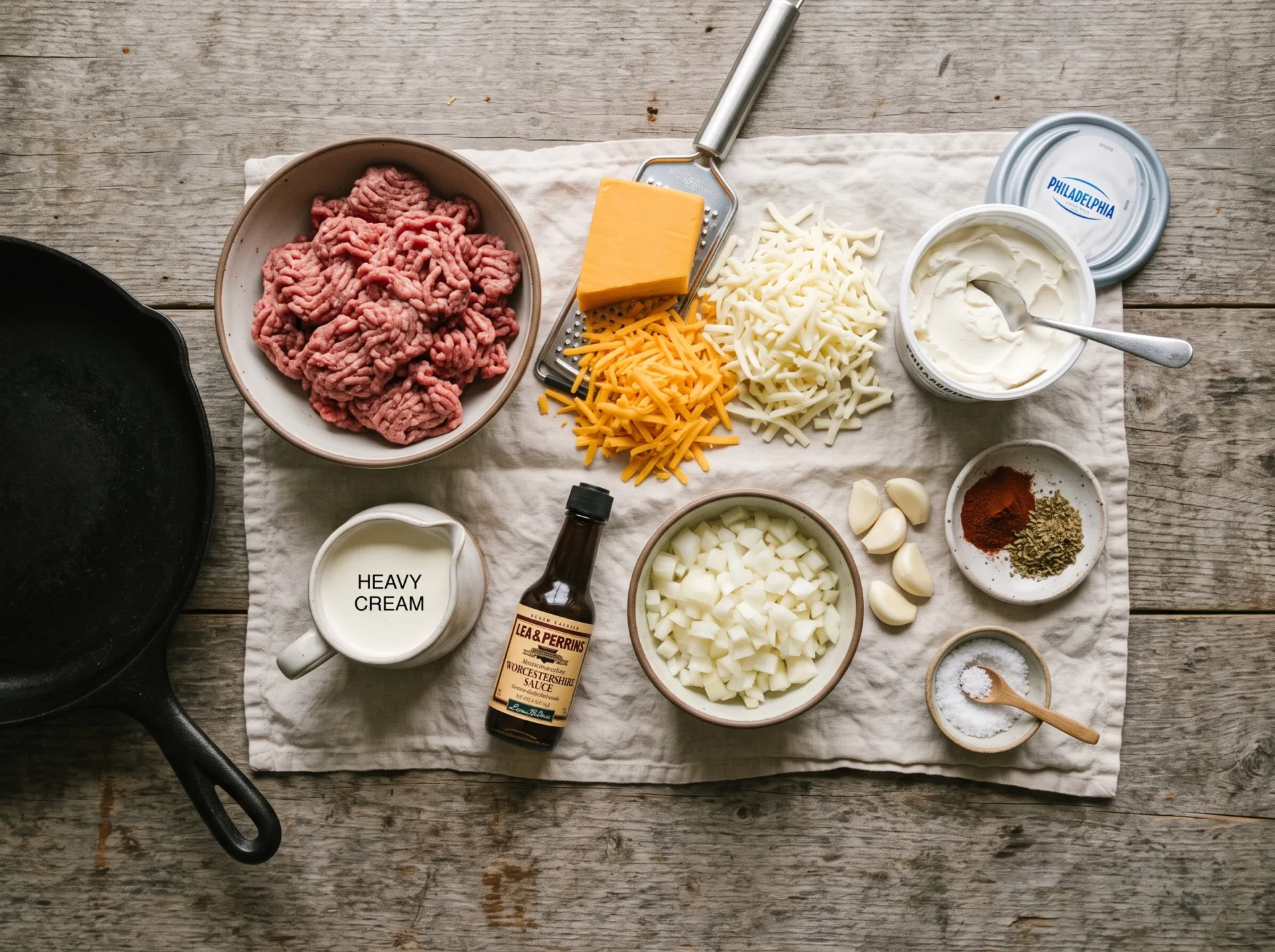 Raw ingredients for a keto ground beef casserole laid out overhead, including beef, cheddar, mozzarella, and spices