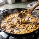 Melted cheddar and mozzarella being folded into browned ground beef in a cast iron skillet