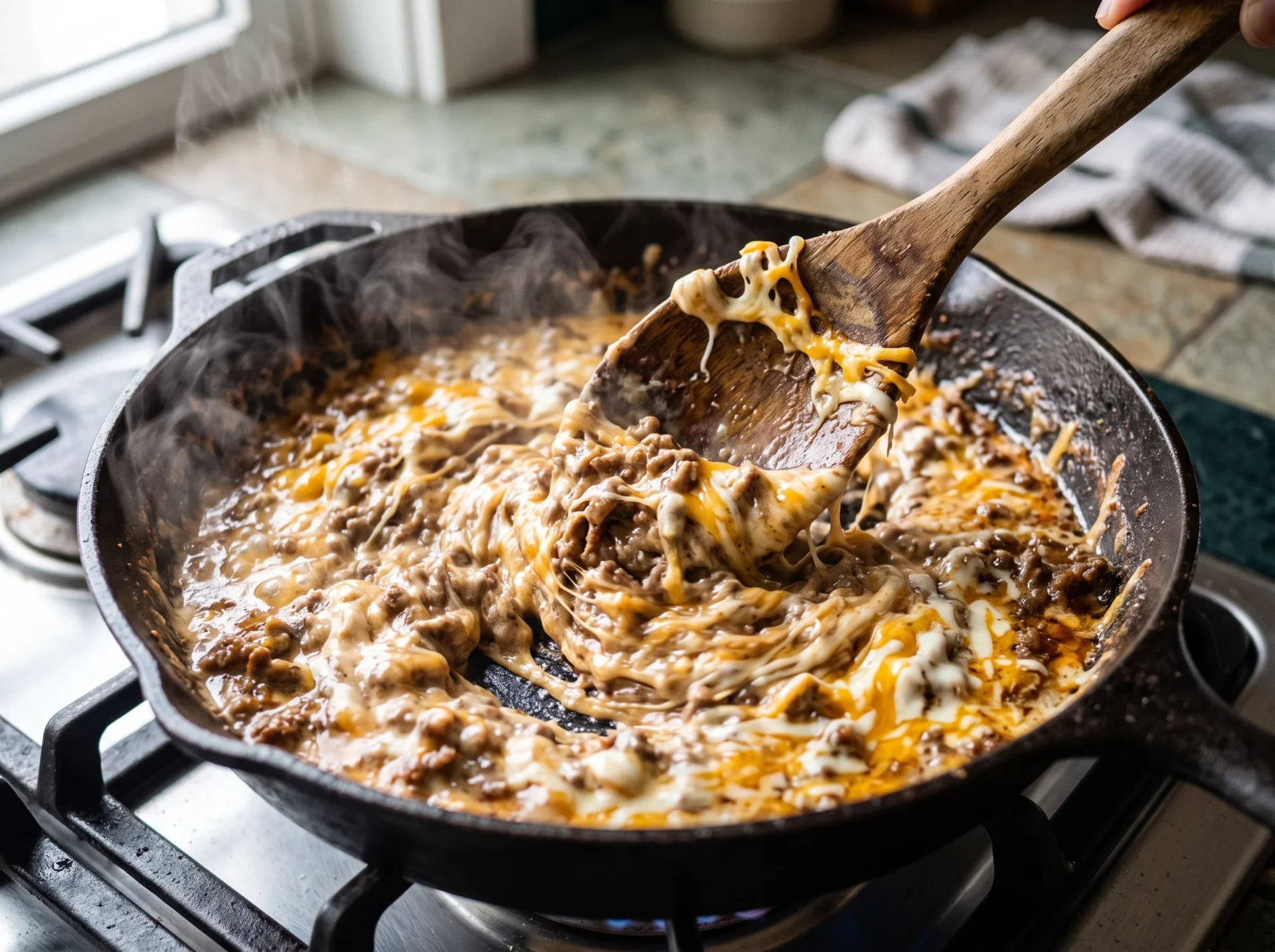 Melted cheddar and mozzarella being folded into browned ground beef in a cast iron skillet