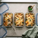 Keto ground beef casserole portioned into glass meal-prep containers with a fork beside one open container