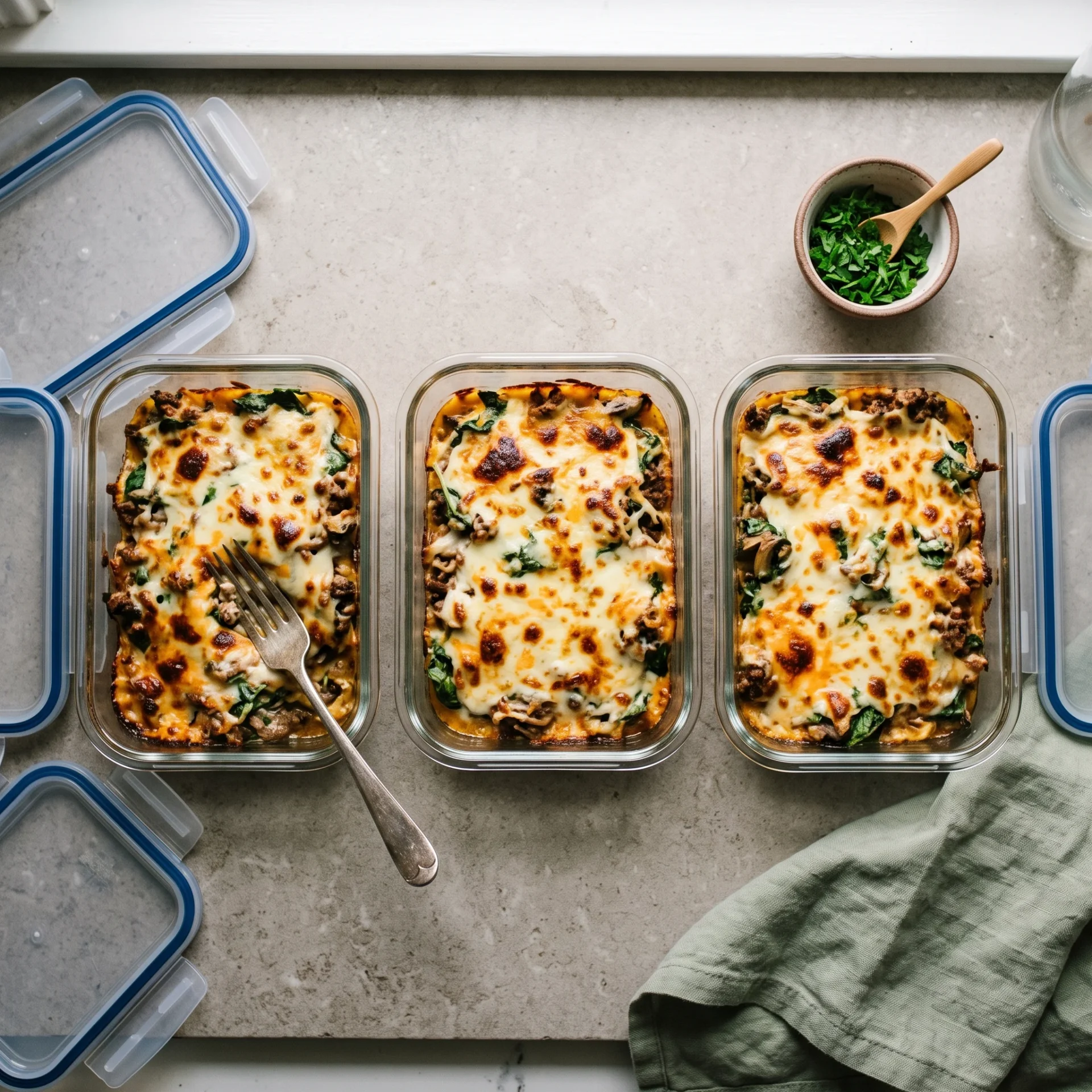 Keto ground beef casserole portioned into glass meal-prep containers with a fork beside one open container