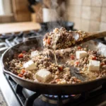 Ground beef and cauliflower rice simmering with melting cream cheese for keto ground beef casserole