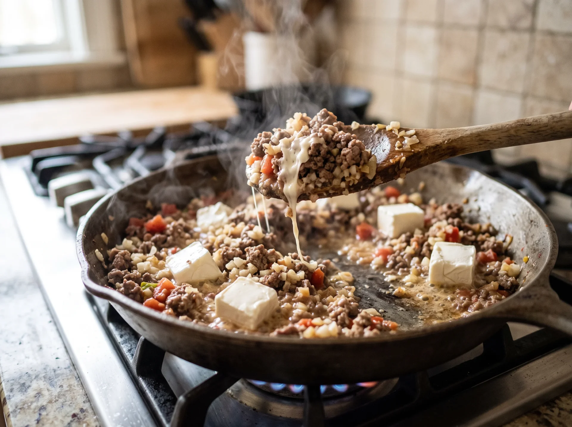 Ground beef and cauliflower rice simmering with melting cream cheese for keto ground beef casserole