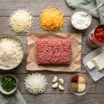 Raw ingredients for cheesy keto ground beef casserole laid out overhead before cooking