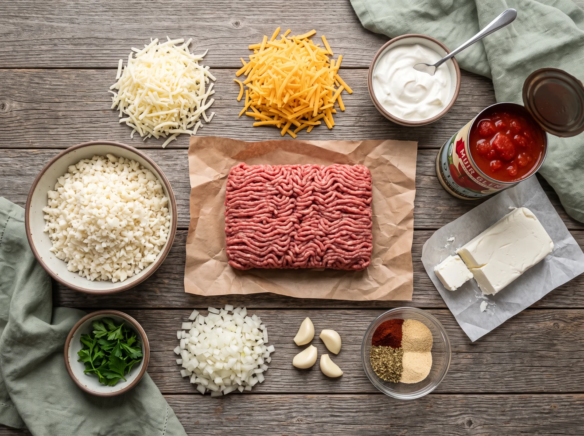 Raw ingredients for cheesy keto ground beef casserole laid out overhead before cooking