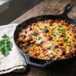 Keto ground beef cauliflower rice casserole with cheddar and mozzarella