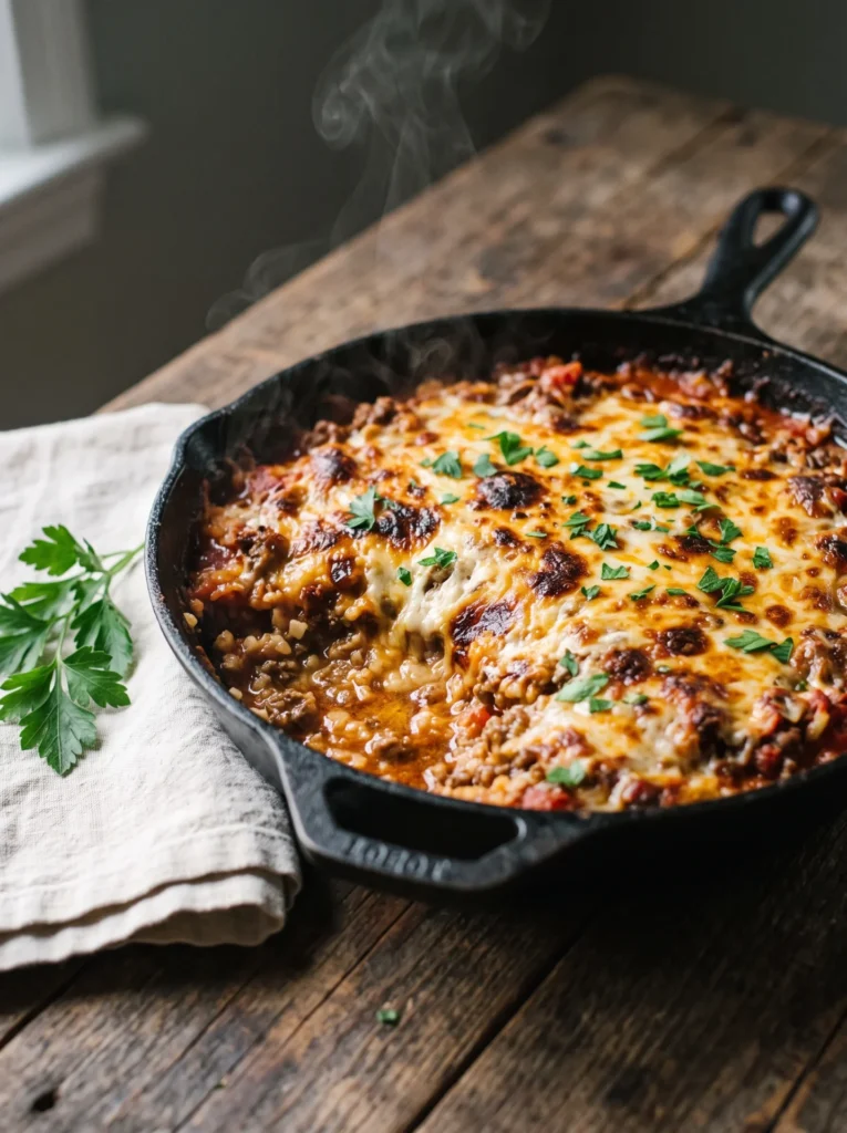 Keto ground beef cauliflower rice casserole with cheddar and mozzarella