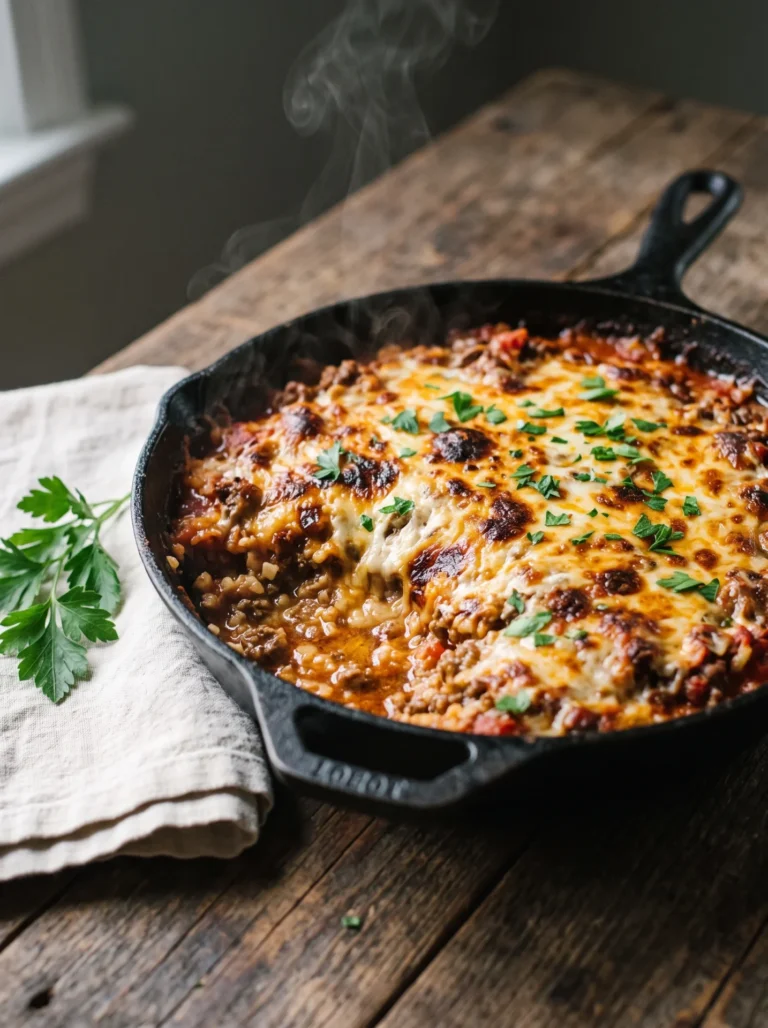 Keto ground beef cauliflower rice casserole with cheddar and mozzarella